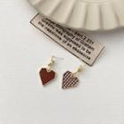 Houndstooth Heart Asymmetrical Alloy Dangle Earring 1 Pair - S925 Silver Stud - Brown - One Size
