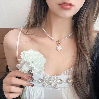 Heart Faux Pearl Pendant Alloy Necklace 1 Pc - White - One Size