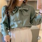 Long-sleeve Plain Bow Accent Loose Fit Satin Shirt