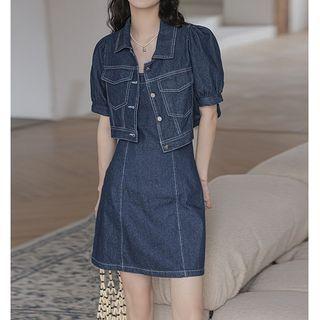 Set: Spaghetti Strap Denim A-line Dress + Short-sleeve Shirt