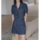 Set: Spaghetti Strap Denim A-line Dress + Short-sleeve Shirt