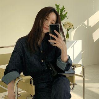 Dual-pocket Denim Shirt Dark Blue - One Size