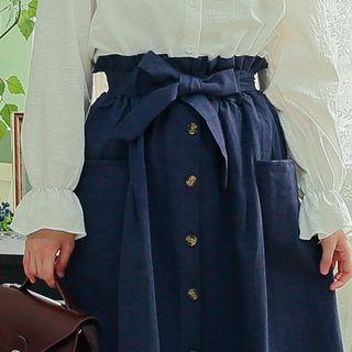 Buttoned A-line Midi Skirt With Sash