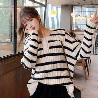 Striped Knit Polo Shirt Stripes - Black & White - One Size