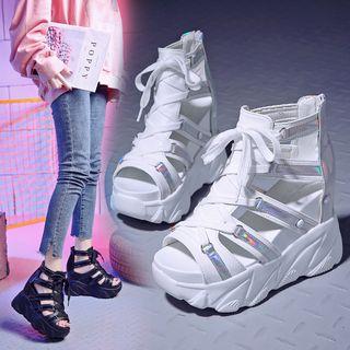 Iridescent Detail Cutout Lace-up Platform Wedge Sandals
