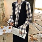 Plaid Long-sleeve Midi A-line Dress / V-neck Sleeveless Knit Dress