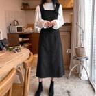 Set: Bell-sleeve Blouse + Corduroy Midi A-line Corduroy Overall Dress