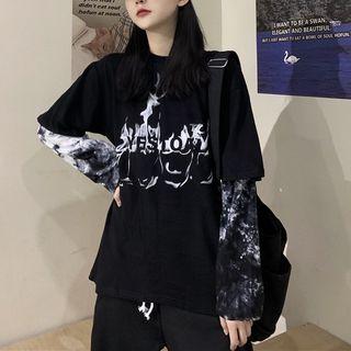 Mock Two-piece Long-sleeve Tie-dyed T-shirt Black - One Size