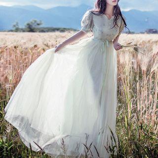 Short-sleeve Tie Waist A-line Maxi Dress