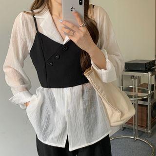 Set : Long-sleeve V-neck Shirt + Camisole Top