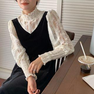 Mock Two-piece Long-sleeve Lace Panel Midi A-line Dress Black - One Size