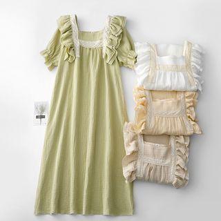 Puff-sleeve Square Neck Ruffled Midi Sleep Dress