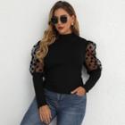 Puff-sleeve Dotted Panel T-shirt