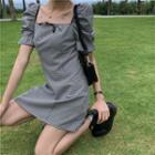 Check Square-neck Short-sleeve Dress Black - One Size