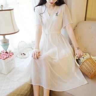 Short-sleeve Embroidered Floral A-line Midi Chiffon Dress