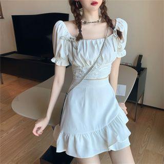 Bow-detail Off-shoulder Blouse / Ruffled Mini Skirt