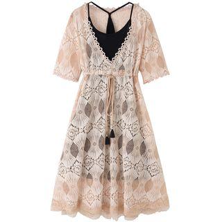 Set Of 2: Lace Short Sleeve Dress + Slipdress