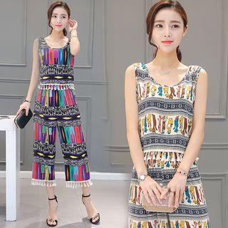 Set: Printed Sleeveless Top + Crop Wide Leg Pants