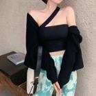 One-shoulder Cropped Sleeveless Knit Top / Open-front Cardigan