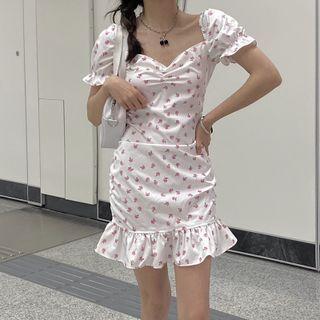 Floral Cutout-back Ruffle Hem Mini Bodycon Dress