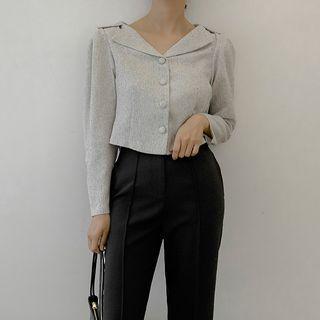 Open-placket Tweed Cropped Blouse