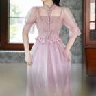 Set: Short-sleeve Frog-button Mesh Blouse + Spaghetti-strap Midi A-line Dress