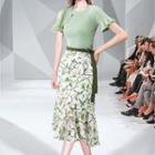 Set: Ruffle Trim Short-sleeve Top + Floral Midi Skirt