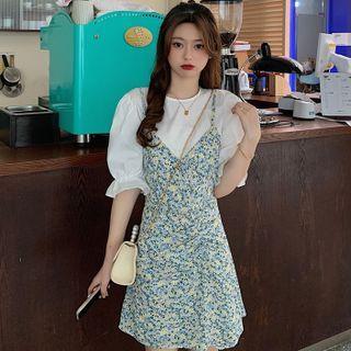 Puff-sleeve Plain Top / Spaghetti Strap Floral Print A-line Mini Dress