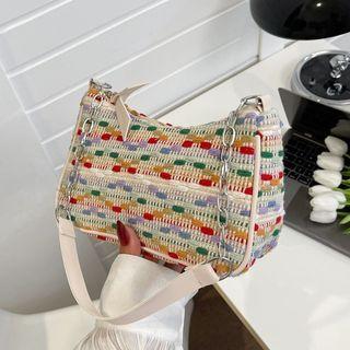 Faux Leather Knit Shoulder Bag Red & Green & Orange - One Size
