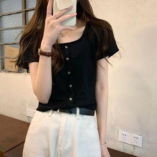 Short-sleeve Square-neck Button T-shirt