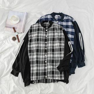 Plaid Panel Contrast Stripe Long-sleeve Button Top