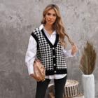 Sleeveless Houndstooth Button-up Knit Vest