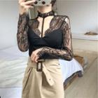 Choker-neck Lace Panel Crop Top