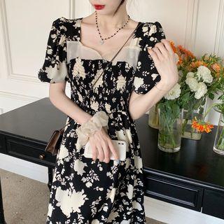 Square Neck Print Midi A-line Dress