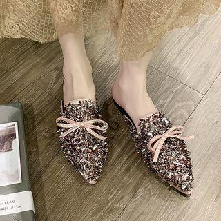 Pointy Toe Bow Accent Rhinestone Mules