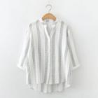 3/4-sleeve Striped Button-up Blouse
