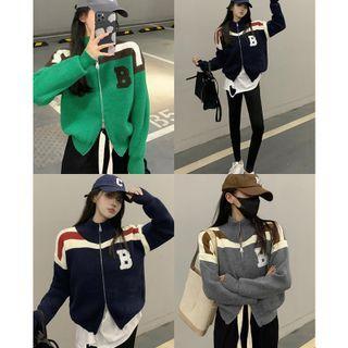 Stand-collar Embroidered Zipper Cardigan