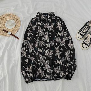 Leaf Print Long-sleeve Loose-fit Shirt As Shown In Figure - One Size