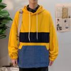 Color Block Denim Panel Letter Embroidered Hooded Pullover