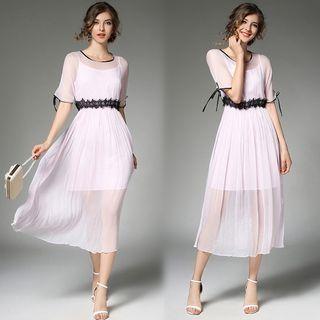 Lace Trim Chiffon Midi Dress With Belt