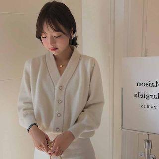 Faux-pearl Contrast Trim Cardigan + Knit Skirt