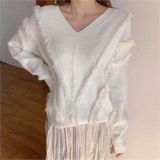 V-neck Fringed Sweater Ivory - One Size