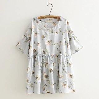 Floral Print Bell-sleeve Linen Dress