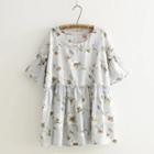 Floral Print Bell-sleeve Linen Dress