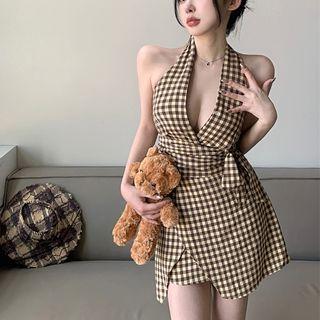 Halter V-neck Plaid Mini A-line Dress