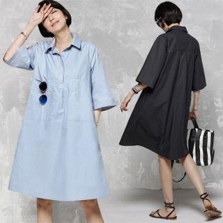 3/4-sleeve Pocket-detail A-line Dress