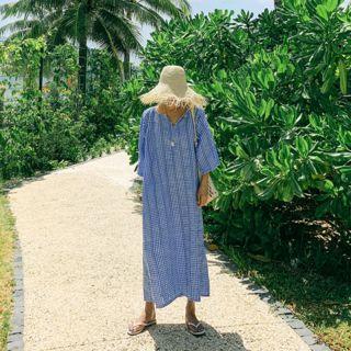 Open-placket Checked Long Dress