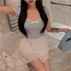 Short-sleeve Bow T-shirt / A-line Shirred Skirt