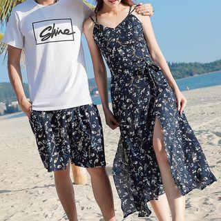 Couple Matching Floral Midi Spaghetti Strap Dress / Shorts / Lettering Short-sleeve T-shirt / Set