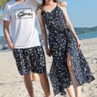 Couple Matching Floral Midi Spaghetti Strap Dress / Shorts / Lettering Short-sleeve T-shirt / Set